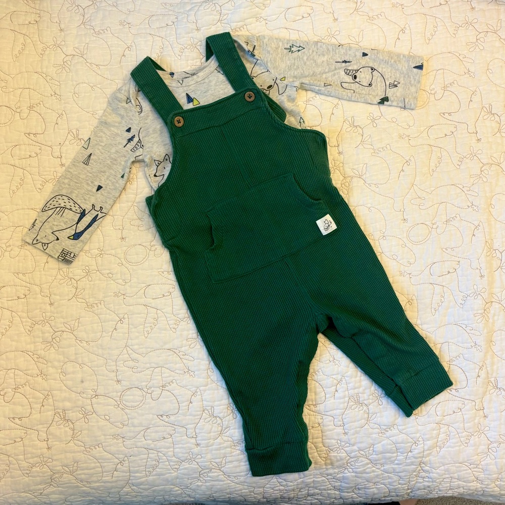 Carter’s 6M Green Overalls & Grey Woodland Creature Onesie Unisex Set for Baby